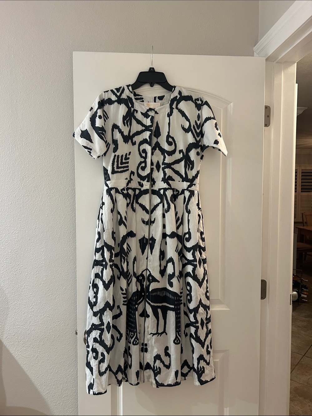 Sheridan French Classic Short-Sleeve Black & White Midi Dress with peacock print